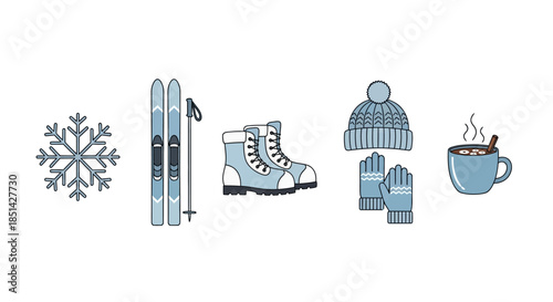 Flat lay of winter sports equipment and hot drink on white background
