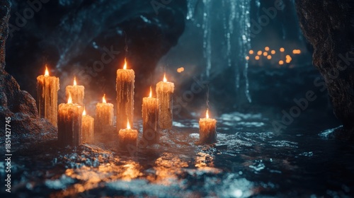 Lit Candles in a Mystical Cave with Dripping Water and Ice