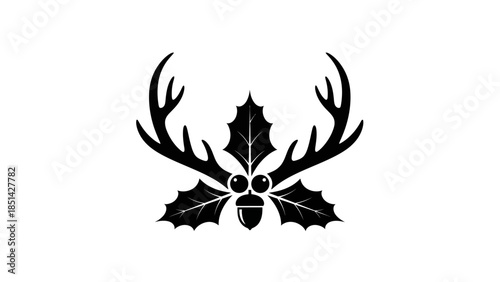 Black silhouette of deer antlers with holly leaves and a beetle on white background
