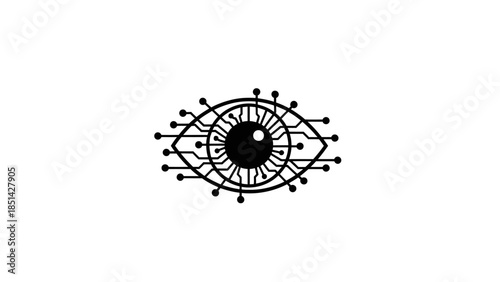 Black and white illustration of an eye with geometric lines and dots on a white