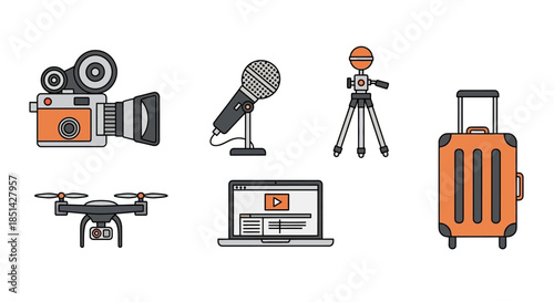 Graphic illustration of travel and recording equipment icons on a white background.