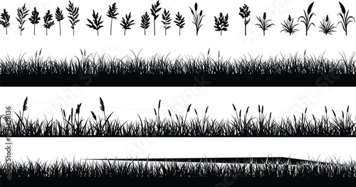 Grass and plant silhouettes collection, natural foliage elements, botanical illustration, landscape design resources, ecology concept art, isolated vector nature 