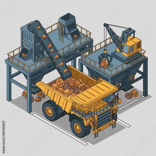 Isometric illustration of a large yellow mining dump truck being loaded with ore by a conveyor belt and a crane at an industrial site.