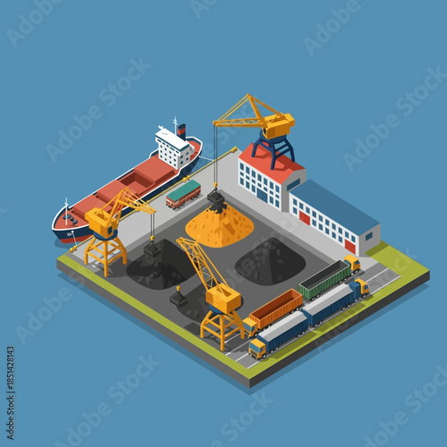 Isometric view of a busy port with cargo ship, cranes, bulk materials, trains, and industrial buildings, illustrating logistics and transport.