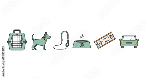 Illustration of pet travel accessories including a carrier, dog, leash, bowl, ticket, and