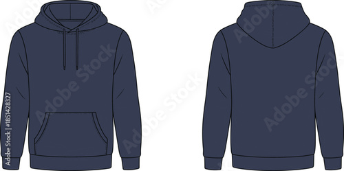 Hoodie flat sketch front and back views, navy hooded sweatshirt design, kangaroo pocket drawstring hood, ribbed cuffs hem fashion illustration