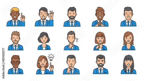 Diverse group of professionals in business attire gathered together, showcasing various gestures and expressions