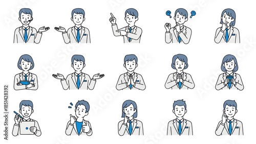 Illustrations of a person in various poses and actions with dynamic gestures and facial expressions.