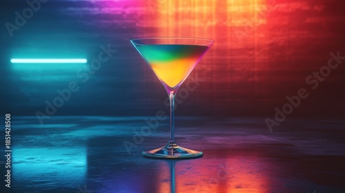 Vibrant cocktail in martini glass illuminated by neon lights against a textured backdrop
