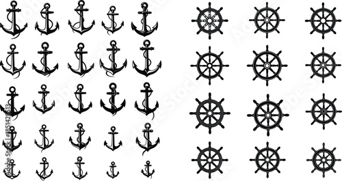 Large collection of nautical anchor and ship wheel vector icons in detailed black silhouette style for marine and sailing designs