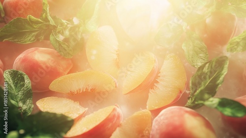 Fresh Peach Slices and Mint Leaves with Soft, Warm Lighting