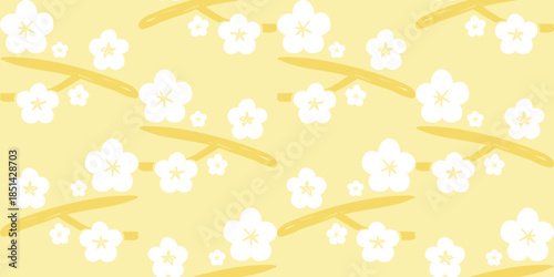 White plum blossom seamless pattern on soft gold background