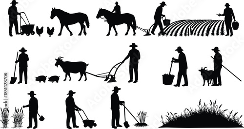 Farmer silhouettes with animals, crops, wheelbarrow, horse, goats, pigs, chickens, traditional farming tools, rural agriculture lifestyle, countryside harvest, field work