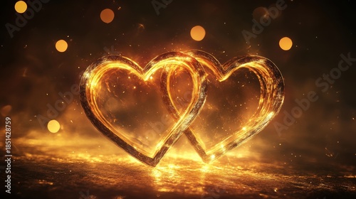 Intertwined Golden Hearts Radiating Warmth on a Glistening Surface, Romantic Symbolism