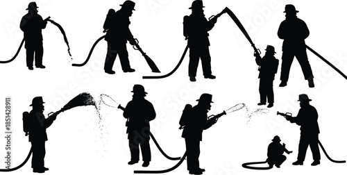 Firefighters using water hose to extinguish fire, emergency rescue operation, safety training illustration, firefighting teamwork concept, professional fire control art