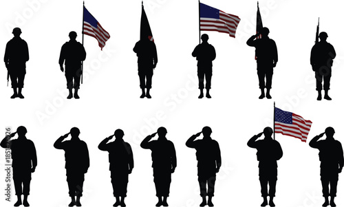 Military silhouettes saluting with American flags, patriotic armed forces illustration for service, respect, honor, defense, and national pride design