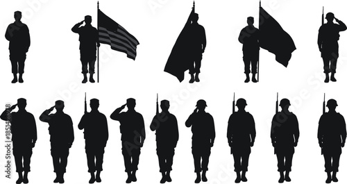 Military silhouettes saluting with flags, armed forces honor illustration for patriotism, service, respect, and national defense design themes