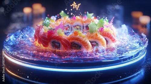 Illuminated Sushi Rolls on a Glowing Plate with Artistic Garnishes