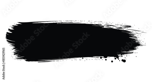 Black grunge brush stroke. Hand drawn ink paint smear banner. Abstract artistic texture design element with splatter isolated on white background.