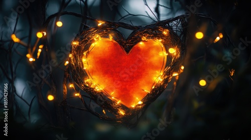 Glowing Heart Sculpture: Woven Twigs and Warm Fairy Lights in a Dark Forest Setting