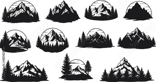 Mountain landscape silhouettes, circular frames, pine trees, nature illustration, outdoor adventure, wilderness scenery, hiking inspiration, forest artwork, dramatic peaks, travel design