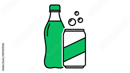 Green Soda Bottle and Can with Bubbles - Icon Style