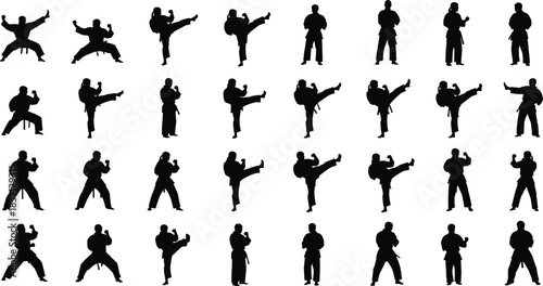 Martial arts fighter silhouettes practicing various combat poses, karate kick and training stances collection isolated on white background for sports design use