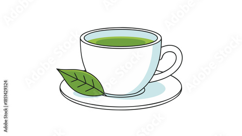Green Tea Cup with Leaf Illustration