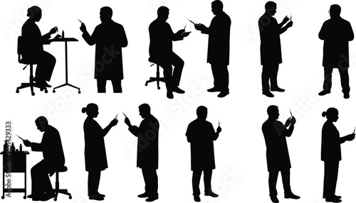 Scientists silhouettes in laboratory, creative science illustration, research experiment art, educational design, lab technician figures, whimsical scientific artwork, professional research drawing