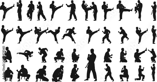 Martial arts silhouette collection, dynamic karate and kickboxing poses, action training movements for combat sport, fitness illustration, self-defense practice design