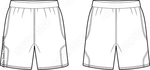 Shorts technical drawing, fashion flat, garment design, clothing template, elastic waistband, side pockets, apparel sketch, textile design, menswear, casual 