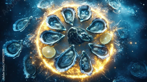 Celestial Oyster Circle: Luminous Shells, Lemon Slices, and Cosmic Dust on a Deep Blue Background