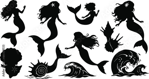 Mermaid silhouettes with seashells, ocean waves, coral illustration, fantasy sea creatures, marine artwork, mythology theme, underwater design, aquatic fantasy elements