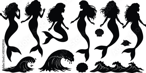 Mermaid silhouettes with seashells, ocean waves, coral illustration, fantasy sea creatures, marine artwork, mythology theme, underwater design, aquatic fantasy elements