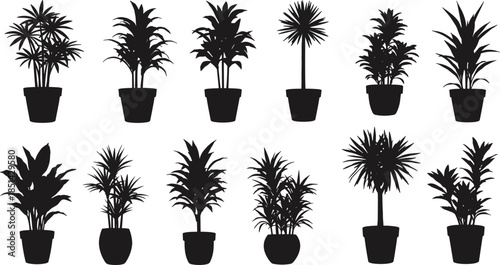 Silhouette collection of potted plants, indoor houseplants variety, botanical illustration, foliage diversity, decorative greenery, plant shapes, natural design elements