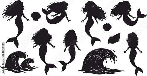 Mermaid silhouettes with seashells, ocean waves, fantasy sea creatures, marine artwork, mythology theme, underwater illustration, aquatic design, creative ocean elements