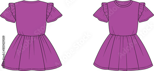 Girls dress flat sketch, short ruffle sleeve design, fitted bodice flared skirt, magenta fashion template, apparel illustration garment technical drawing