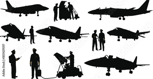 Military pilots with jet aircraft silhouettes, aviation crew teamwork, air force preparation, ground support, modern fighter jets, vector illustration design