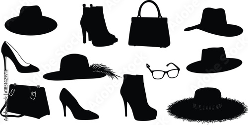 Silhouette fashion accessories, stylish hats, trendy handbags, elegant high heels, modern eyeglasses, footwear collection, women’s style, fashion design 