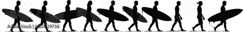 Group of surfers walking with surfboards, beach lifestyle, ocean adventure, summer vacation, silhouette people, surfing team heading to waves, freedom, fun