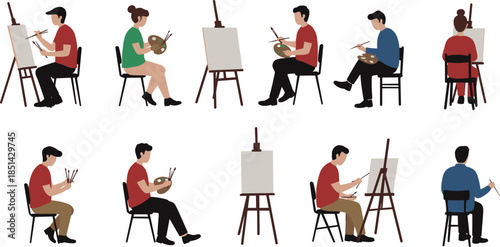 Silhouette group of artists painting on easels, creative art class activity, people with brushes and palettes, artistic expression illustration