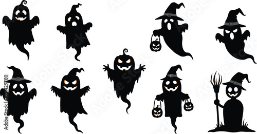 Halloween ghost silhouettes, spooky characters with witch hats, jack-o’-lanterns, pitchfork, black and white, festive design, cartoon scary illustrationHalloween ghost silhouettes, spooky