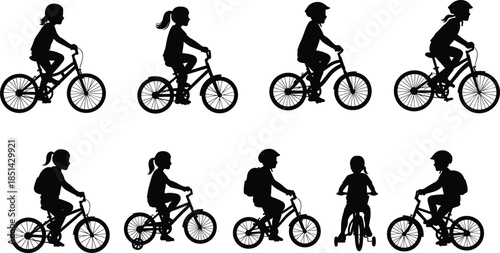 Silhouette of children riding bicycles and tricycle, kids outdoor cycling activity, healthy lifestyle, summer fun, exercise, recreation, childhood sport concept.