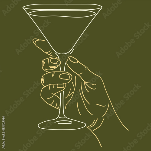 Minimalist Line Art Illustration of Hand Holding Martini Cocktail Glass on Olive Green Background