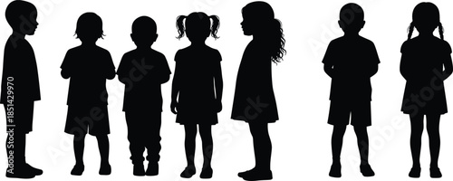 Silhouette of children standing in row, kids group illustration, childhood posture study, body language, youth silhouettes, educational design elementsSilhouette of children standing in row, kids 