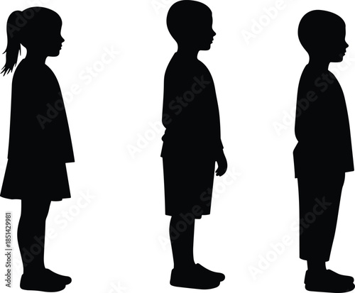 Silhouette of children standing in row, kids group illustration, childhood posture study, body language, youth silhouettes, educational design elements