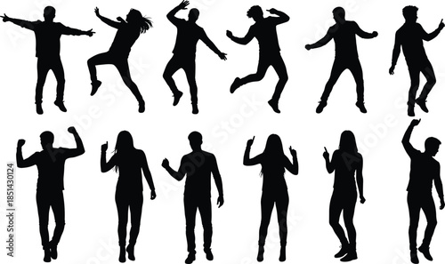 Human silhouettes, dancing poses, expressive gestures, jumping figures, body language, performance art, motion illustration, choreography design, urban style, movement study