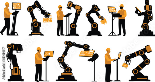 Human and robotic arm teamwork, industrial automation, factory technology, engineering collaboration, modern industry, machine control, innovation, workplace safety, future work