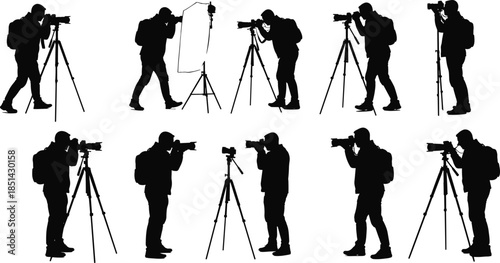 Silhouette of male photographers using cameras and tripods, professional photography setup, outdoor photo shoot, studio lighting, creative shooting concept, travel photography.
