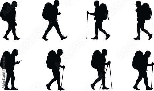 Hiking silhouettes, trekking poses, backpackers, outdoor adventure, walking with poles, mountain exploration, wilderness travel, nature trekking, active lifestyle illustration
